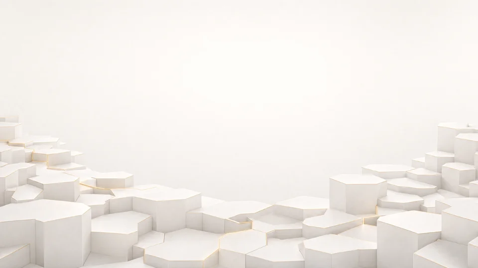 White hexagonal columns with soft shadows, gold accents and an open center